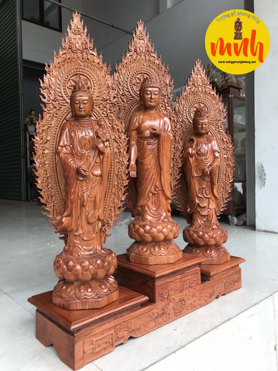 Bộ Tượng Tây Phương Tam Thánh Phật Gỗ Hương Cao 40cm
